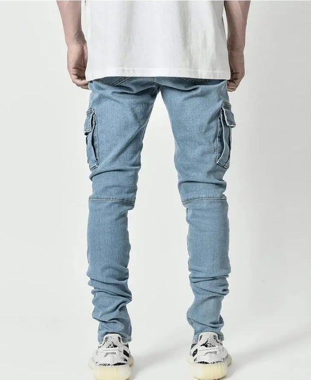 2025 New Men Street Elastic Denim Brand Jeans Narrow Legs Multi Pockets Cargo Pants Casual Slim Fit Daily Wear Joggers Mid Waist
