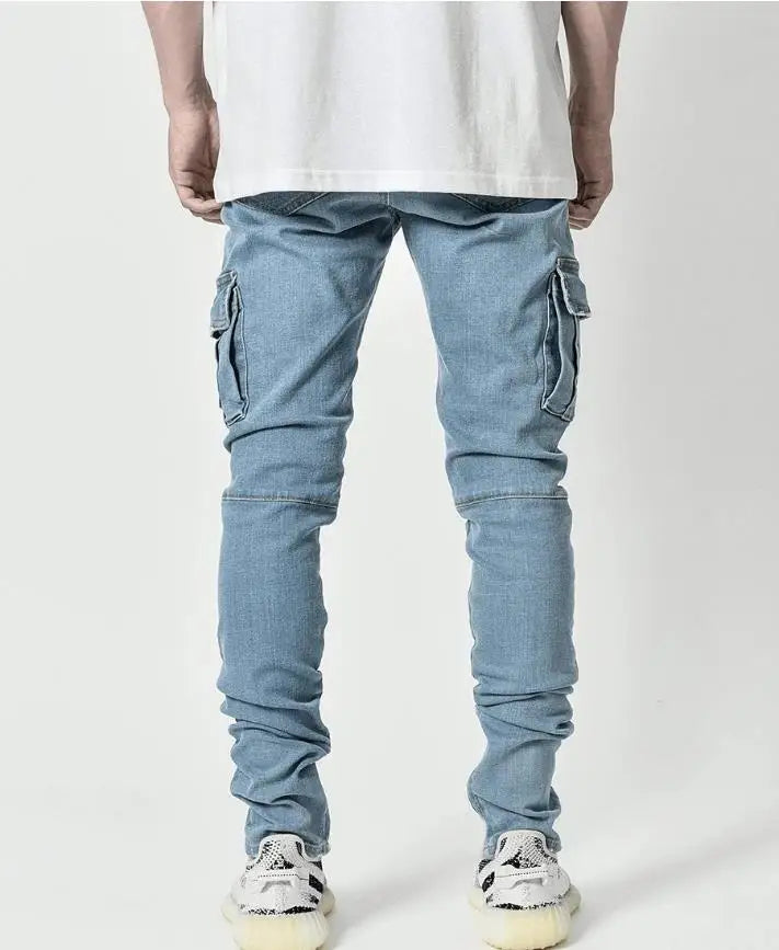2025 New Men Street Elastic Denim Brand Jeans Narrow Legs Multi Pockets Cargo Pants Casual Slim Fit Daily Wear Joggers Mid Waist