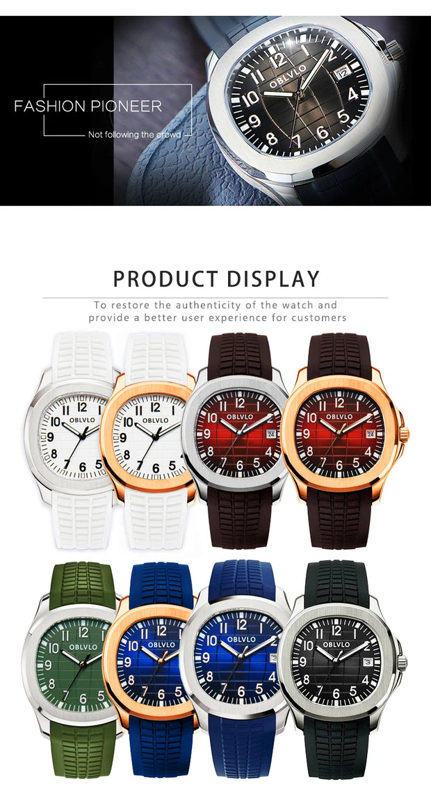 OBLVLO Trend Luxury Rose Gold Diamond Date Mechanical Automatic Watches For Men Blue Silicone Strap Waterproof Sport Watch FM-SL