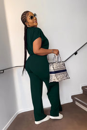 Women Casual Round Neck Drawstring Short Sleeve Top & High Waist Pants Set Summer Solid Two Piece Suit Sets Outfits Set Female