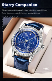 OLEVS Original Men's Automatic Mechanical Watch Fashion Business Leather Strap Luxury Diamond Starry Sky Moon Phase Men's Watch