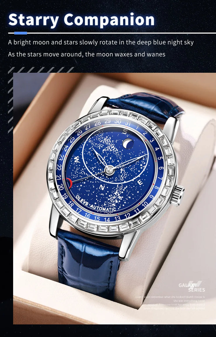 OLEVS Original Men's Automatic Mechanical Watch Fashion Business Leather Strap Luxury Diamond Starry Sky Moon Phase Men's Watch