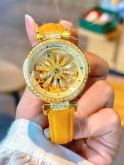 Sunflower Rotation Dial Quartz Women Watch Genuine Leather Strap Antique Watch