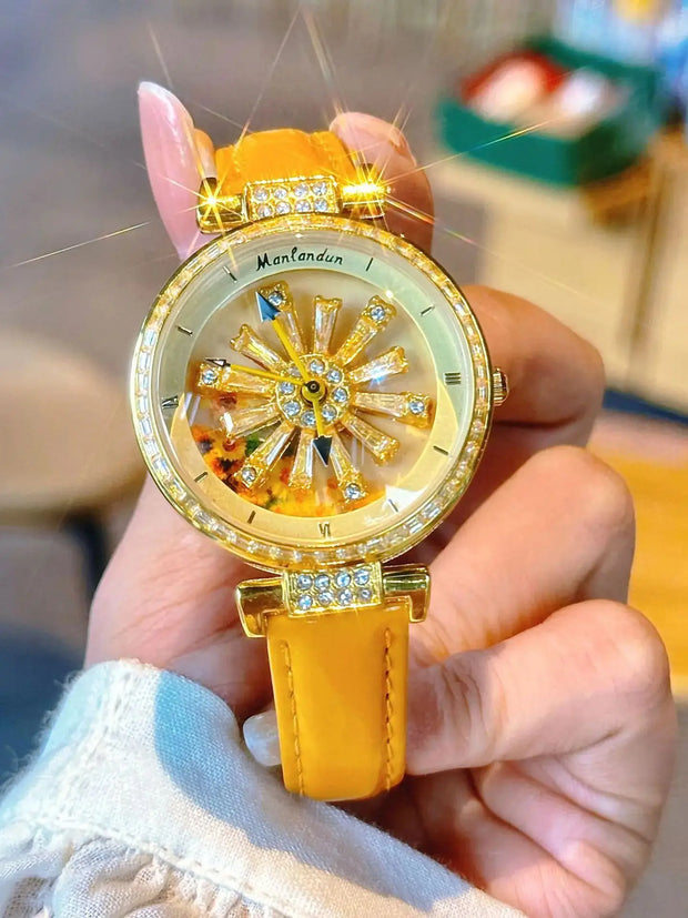 Sunflower Rotation Dial Quartz Women Watch Genuine Leather Strap Antique Watch