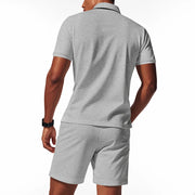 Men's Summer Sports Solid-Color Set, Quarter-Zipper Set, 2-Piece Beach Vacation Set, Men's Fashionable Casual Workwear Set.