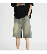 Men's denim shorts, men's 2025 summer thin style retro loose American fashion brand casual five inch mid length pants