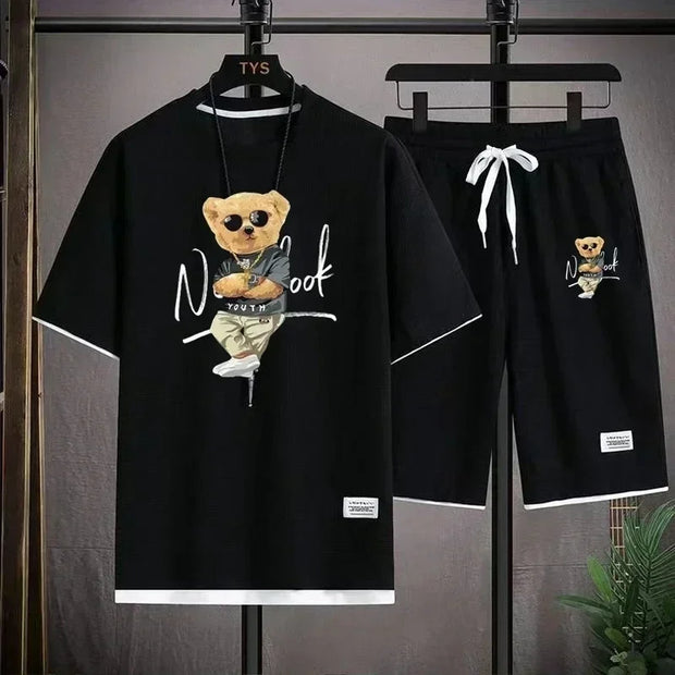 2025 Summer Men's trendy and fashionable high-end Waffle suits, casual T-shirt and shorts sets, men's sportswear sets, solid-col