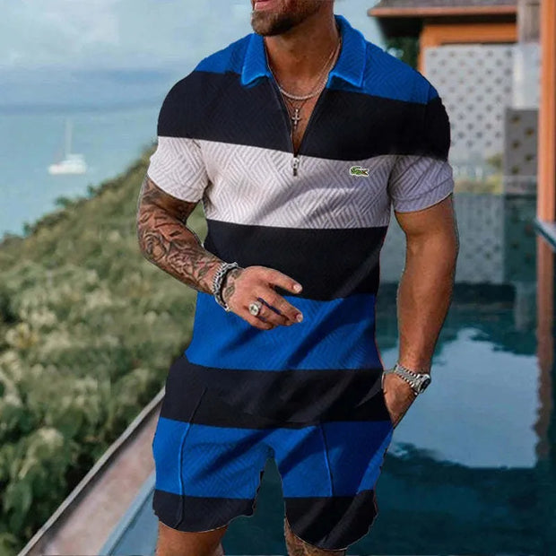 Men's Summer suit  Polo Tracksuit Set  Men Short Sleeve Zipper Polo t-Shirt and Shorts Set  2 Piece Suit  for boy with shorts