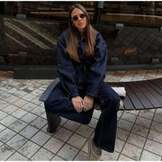 Vintage Belt Denim Jacket Pants Set Women Lapel Single Breasted Jackets Pockets Straight Jeans 2025 Spring Lady Street Outfits