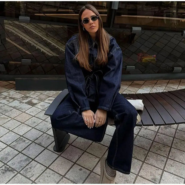 Vintage Belt Denim Jacket Pants Set Women Lapel Single Breasted Jackets Pockets Straight Jeans 2025 Spring Lady Street Outfits