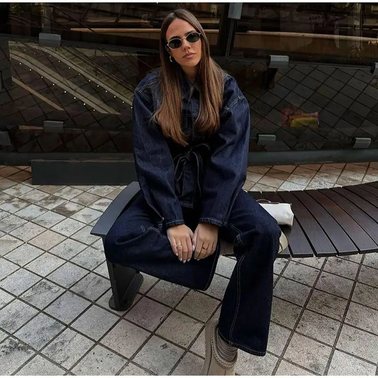 Vintage Belt Denim Jacket Pants Set Women Lapel Single Breasted Jackets Pockets Straight Jeans 2025 Spring Lady Street Outfits