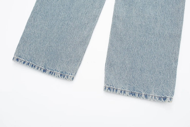 TRAFZA Jeans For Women 2024 Denim Solid Loose Zipper Fly Female Hole Trouser Pockets Wild Basic Commute Woman Wide Leg Long Pant