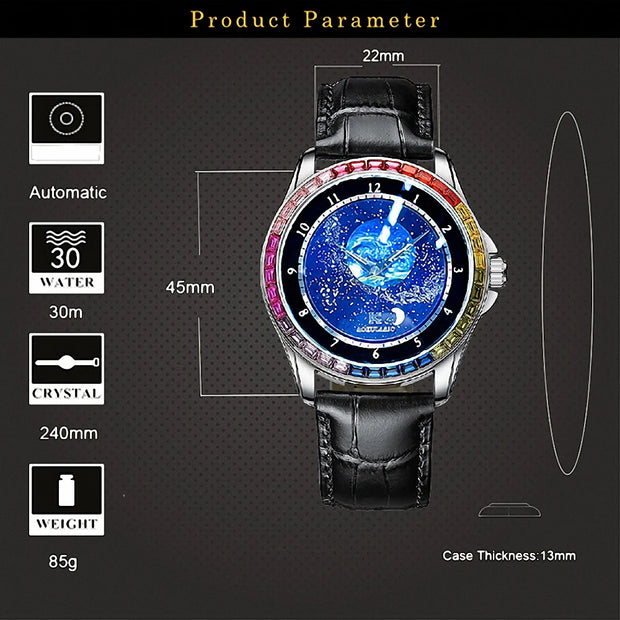 Luxury Brand Mechanical Watch for Men Rotating Star Dial Fashion Rainbow Case Automatic Watches Genuine Leather Strap Wristwatch