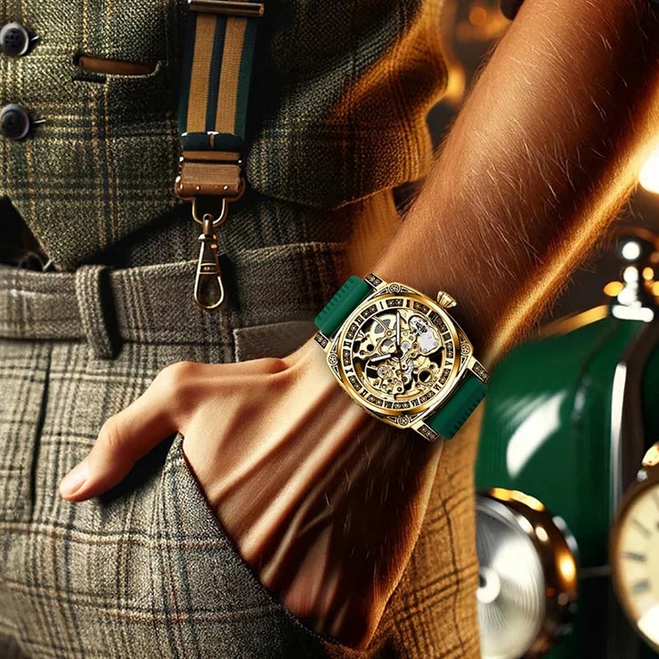 A High-end MEN'S Gold Carved Hollow Fashionable Retro Luminous Business and Leisure Fully Automatic Mechanical Watch