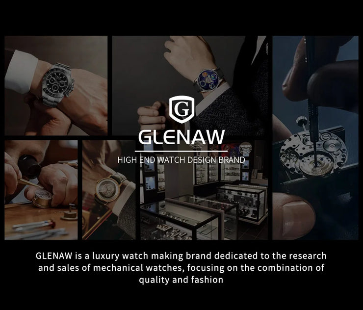 GLENAW  Mechanical Wristwatch Watches Men Surfing Sailboat Pointer Luminous Transparent Skeleton Mechanical Leather Male Clock