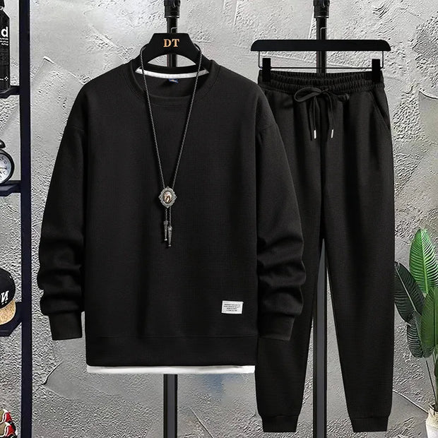 Men's Waffle Suit Sets Casual Long Sleeved Sweatshirt and Pants for Sports Men's T-shirt Hoodie Casual Trousers Set Loose Fit