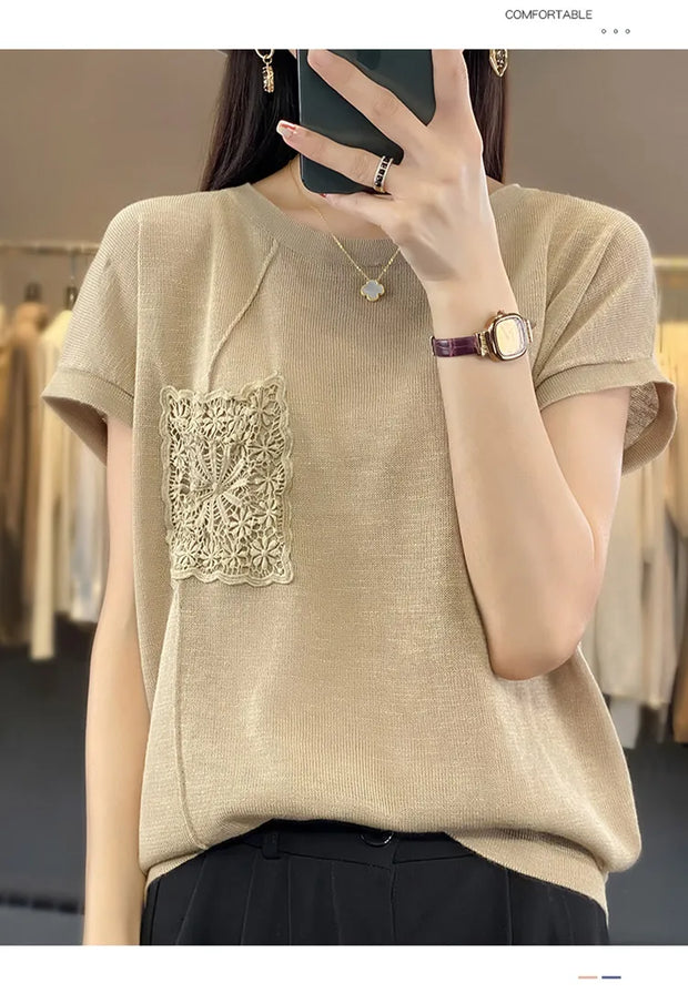 Women's T-shirt Spring/Summer Worsted Cotton Knitwear Casual Solid Color Ladies' Tops Loose Round Neck Blouse Pullover Tees