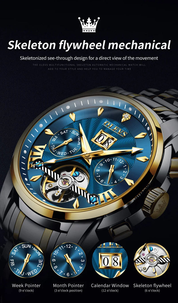 OLEVS 9965 Mens Watch Classic Hollow Out Automatic Mechanical Watch Original Movement Waterproof Luminous Calendar Year Moon