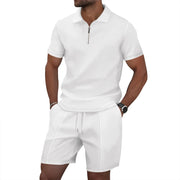 Men's Summer Sports Solid-Color Set, Quarter-Zipper Set, 2-Piece Beach Vacation Set, Men's Fashionable Casual Workwear Set.