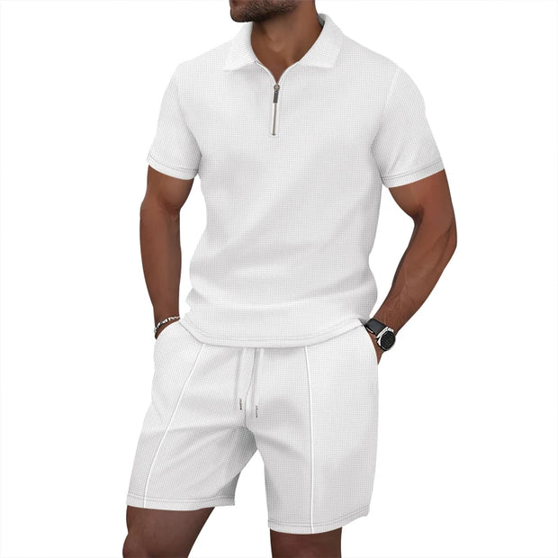 Men's Summer Sports Solid-Color Set, Quarter-Zipper Set, 2-Piece Beach Vacation Set, Men's Fashionable Casual Workwear Set.