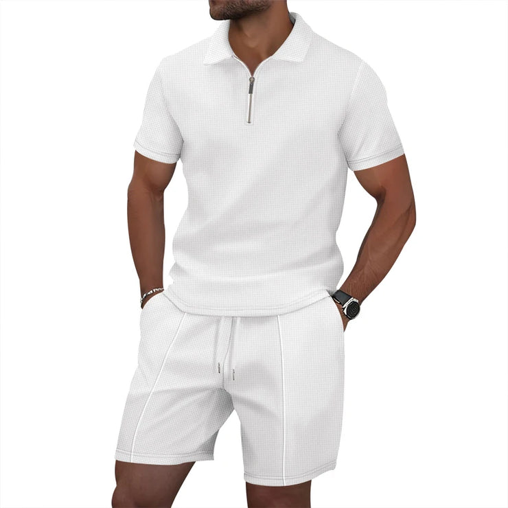 Men's Summer Sports Solid-Color Set, Quarter-Zipper Set, 2-Piece Beach Vacation Set, Men's Fashionable Casual Workwear Set.