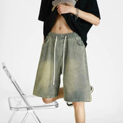 Men's denim shorts, men's 2025 summer thin style retro loose American fashion brand casual five inch mid length pants