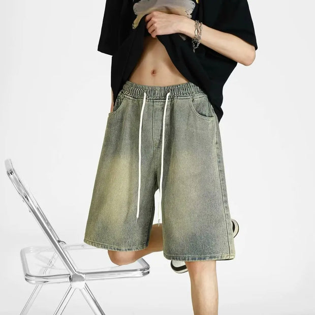 Men's denim shorts, men's 2025 summer thin style retro loose American fashion brand casual five inch mid length pants