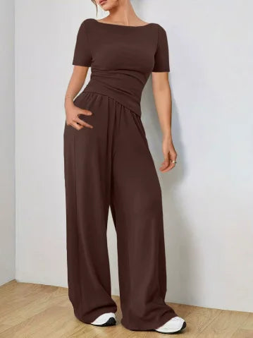 Women's Two-piece Wide Leg Pants Fashion Set Irregular Short Top Women's Clothing Yoga Exercise Set Спортивный Костюм Женский
