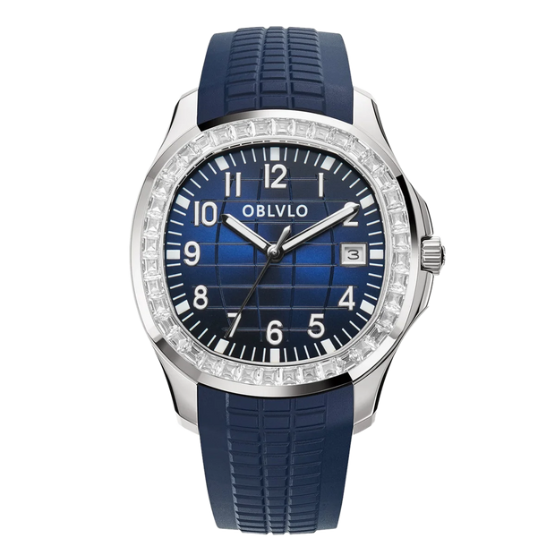 OBLVLO Trend Luxury Rose Gold Diamond Date Mechanical Automatic Watches For Men Blue Silicone Strap Waterproof Sport Watch FM-SL