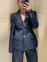 RARA Women's Denim Suit Set with Deep V Corset Blazer and Wide Leg Pants Stylish for Urban Fashion and Formal Occasions