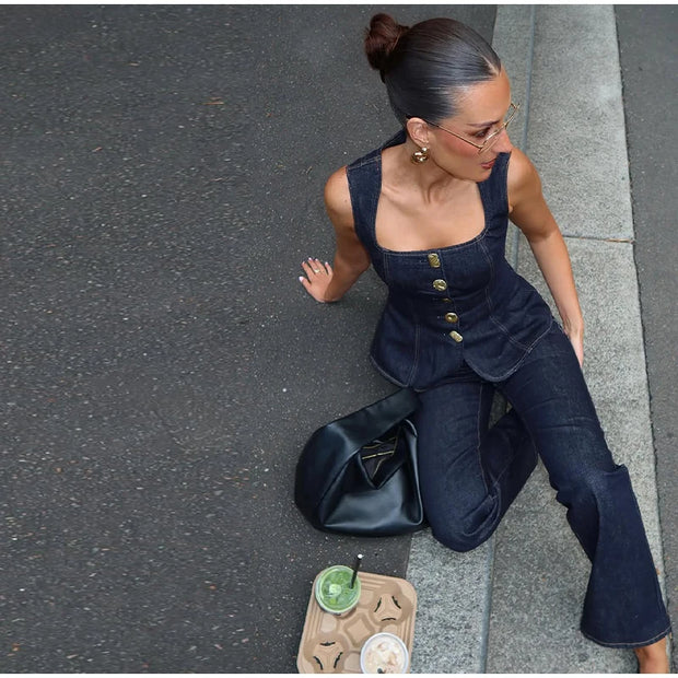 Vintage Women's Denim Sleeveless Set Crop Top With Chic Buttons Matching High Waist Slim Fit Jeans Casual Streetwear Outfits