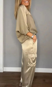 For Women Spring Summer Fashion Solid Color Satin Two Piece Set New O Neck Long Sleeve Top Long Pants Casual Loose Two Piece Set
