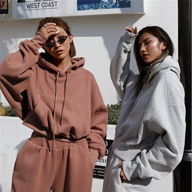 Women Sports Two Piece Sets Hoodie Trousers Solid Color Hooded Pants Outfits Sweatshirt Suit 2024 Autumn Winter Tracksuit