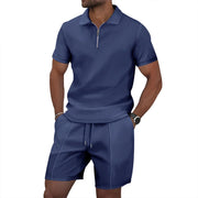 Men's Summer Sports Solid-Color Set, Quarter-Zipper Set, 2-Piece Beach Vacation Set, Men's Fashionable Casual Workwear Set.