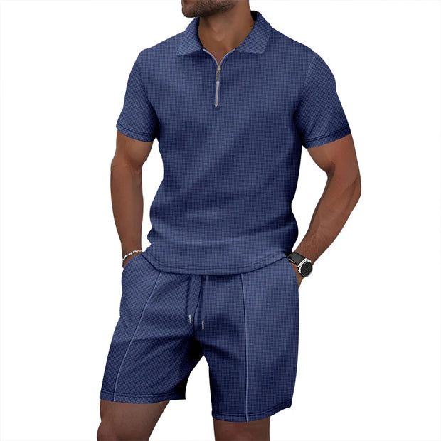 Men's Summer Sports Solid-Color Set, Quarter-Zipper Set, 2-Piece Beach Vacation Set, Men's Fashionable Casual Workwear Set.