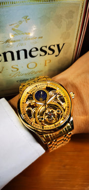Gold  Vintage Moon Phase Automatic Watch for Men Tourbillon Skeleton Luminous Hands Luxury Brand Mechanical Watches Steel Strap