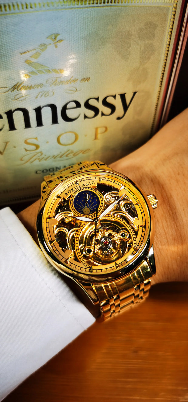 Gold  Vintage Moon Phase Automatic Watch for Men Tourbillon Skeleton Luminous Hands Luxury Brand Mechanical Watches Steel Strap