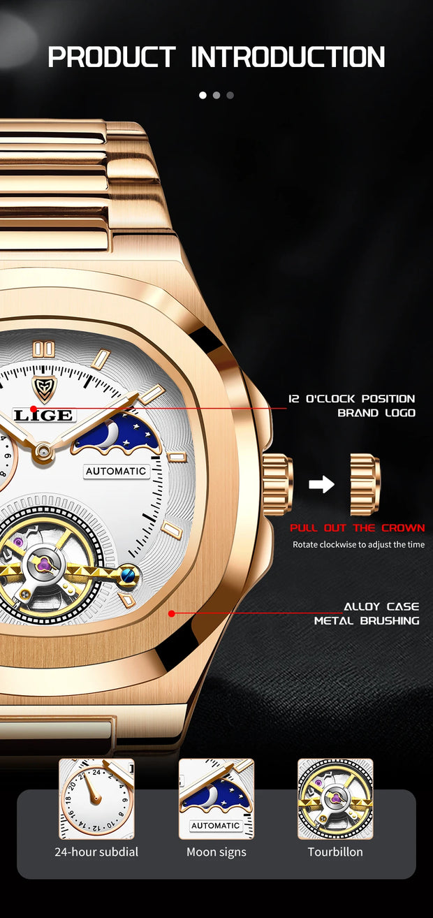 LIGE Classic Retro Men Watch Fashion Business Men's Mechanical Wristwatches Top Brand Luxury Waterproof Automatic Watch For Men