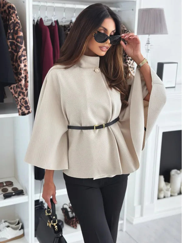 Elegant Solid Cape Fashion Office Lady Button Half Turtleneck Bat Sleeve Belt Coat Autumn Commuting Woolen Women Clothing