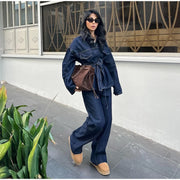 Vintage Belt Denim Jacket Pants Set Women Lapel Single Breasted Jackets Pockets Straight Jeans 2025 Spring Lady Street Outfits