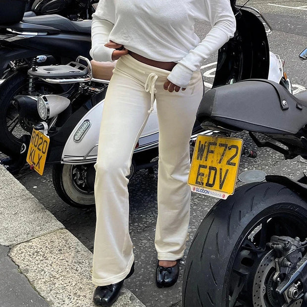 Cuteandpsycho Casual Solid Basic Pants Y2K Chic Floor Length Bottoms Vintage Aesthetic Mid Waist Drawstring Straight Trousers