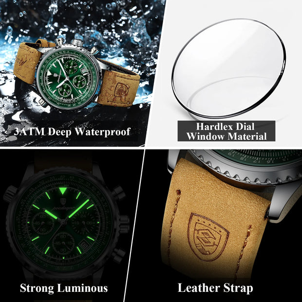 Man Waterproof Luminous Chronograph Leather Wristwatch