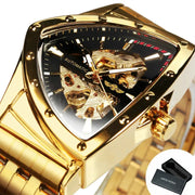 WINNER Military Triangle Skeleton Automatic Watch for Men Gold Sports Mechanical Watches Luxury Stainless Steel Strap Luminous