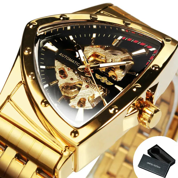WINNER Military Triangle Skeleton Automatic Watch for Men Gold Sports Mechanical Watches Luxury Stainless Steel Strap Luminous