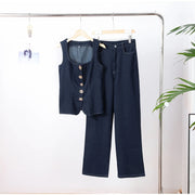 Vintage Women's Denim Sleeveless Set Crop Top With Chic Buttons Matching High Waist Slim Fit Jeans Casual Streetwear Outfits