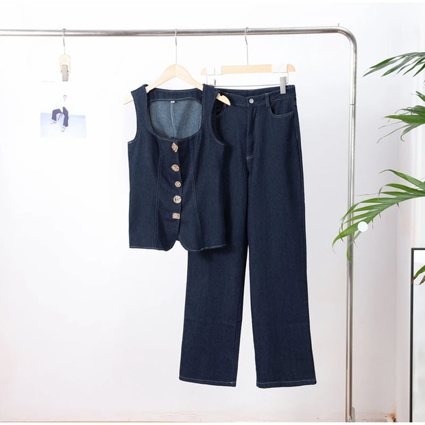 Vintage Women's Denim Sleeveless Set Crop Top With Chic Buttons Matching High Waist Slim Fit Jeans Casual Streetwear Outfits