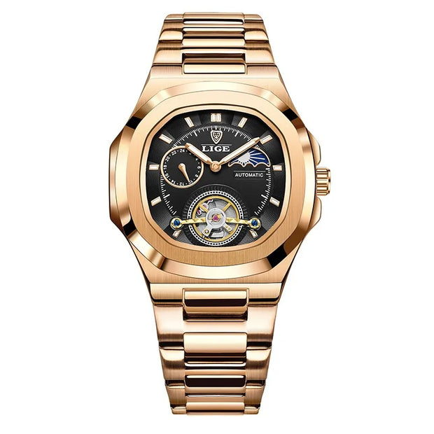 LIGE Classic Retro Men Watch Fashion Business Men's Mechanical Wristwatches Top Brand Luxury Waterproof Automatic Watch For Men