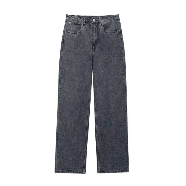 TRAFZA Jeans For Women 2024 Denim Solid Loose Zipper Fly Female Hole Trouser Pockets Wild Basic Commute Woman Wide Leg Long Pant