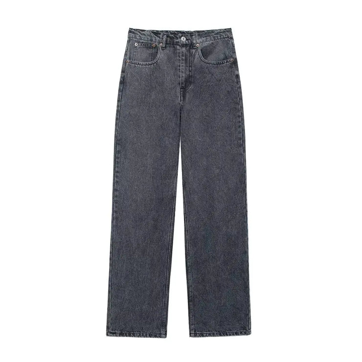 TRAFZA Jeans For Women 2024 Denim Solid Loose Zipper Fly Female Hole Trouser Pockets Wild Basic Commute Woman Wide Leg Long Pant