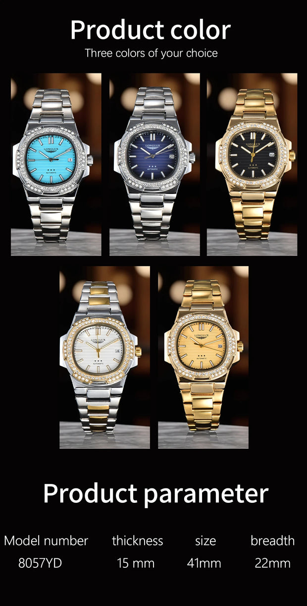 LONGLUX automatic man watch diamond watch luxury stainless steel wholesale mechanical watches day date waterproof man watch